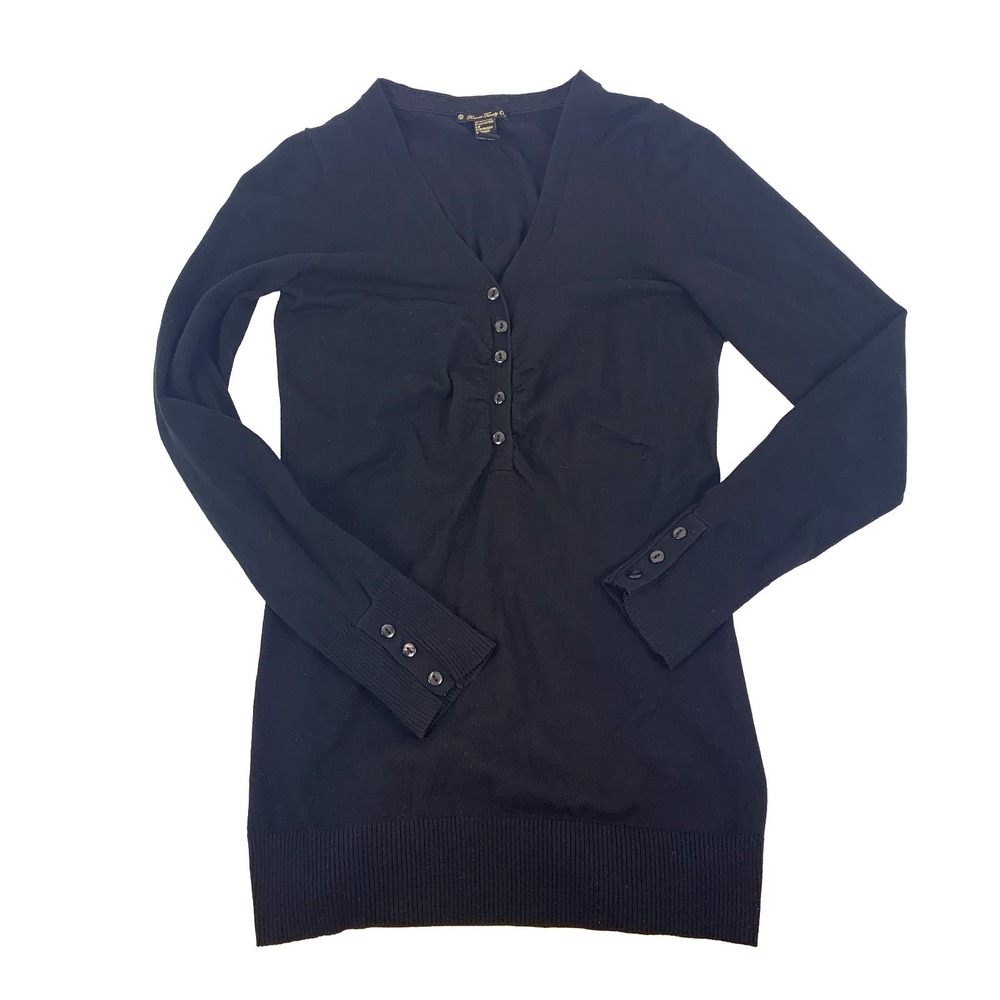 VTG Forever 21 Shirt Womens Sz M Black Y2K Henley Ruched Chest‎ Button Cuffs L/S